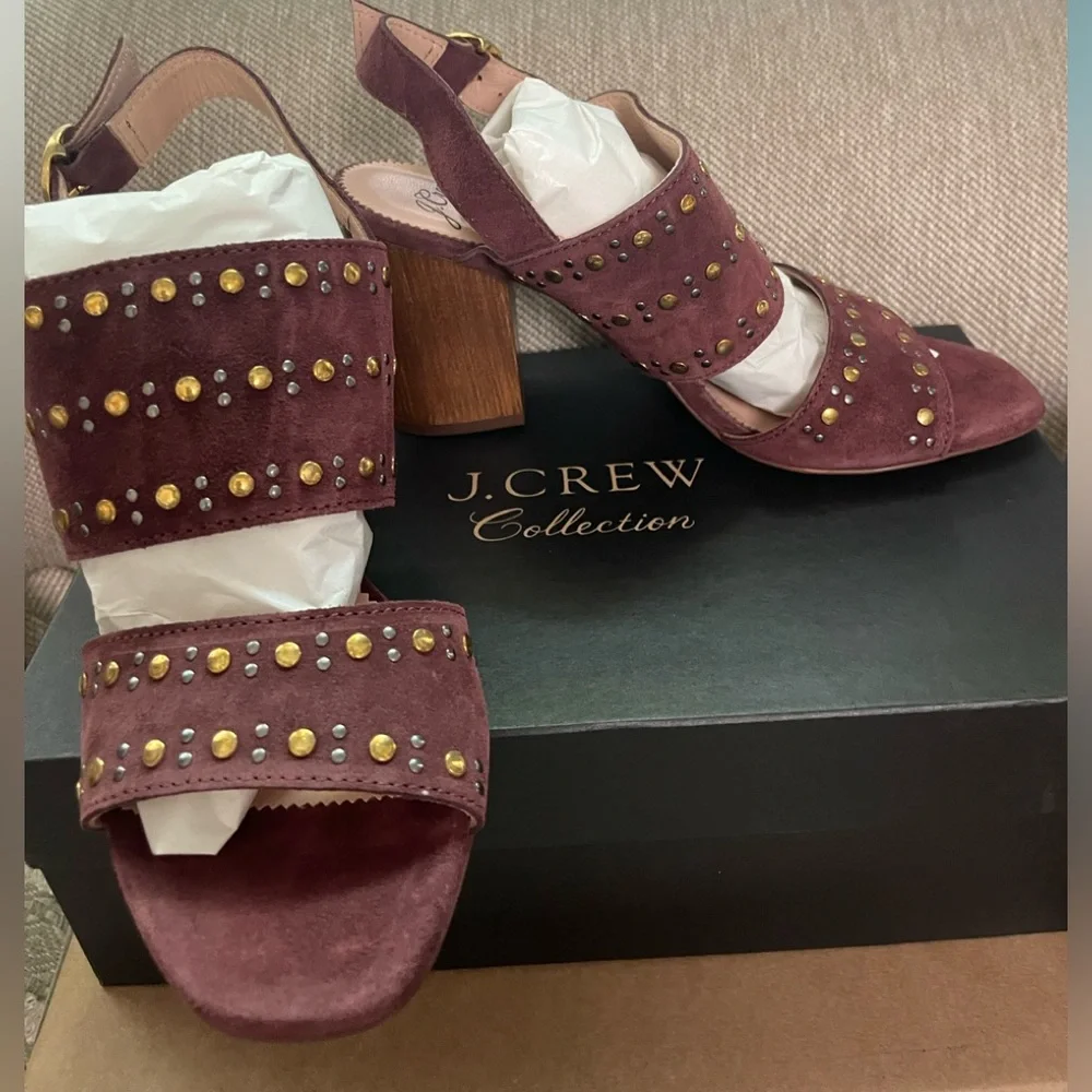 J. Crew Stella Bright Ruby Burgundy Studded Block Heel Sandals - Picture 2 of 5